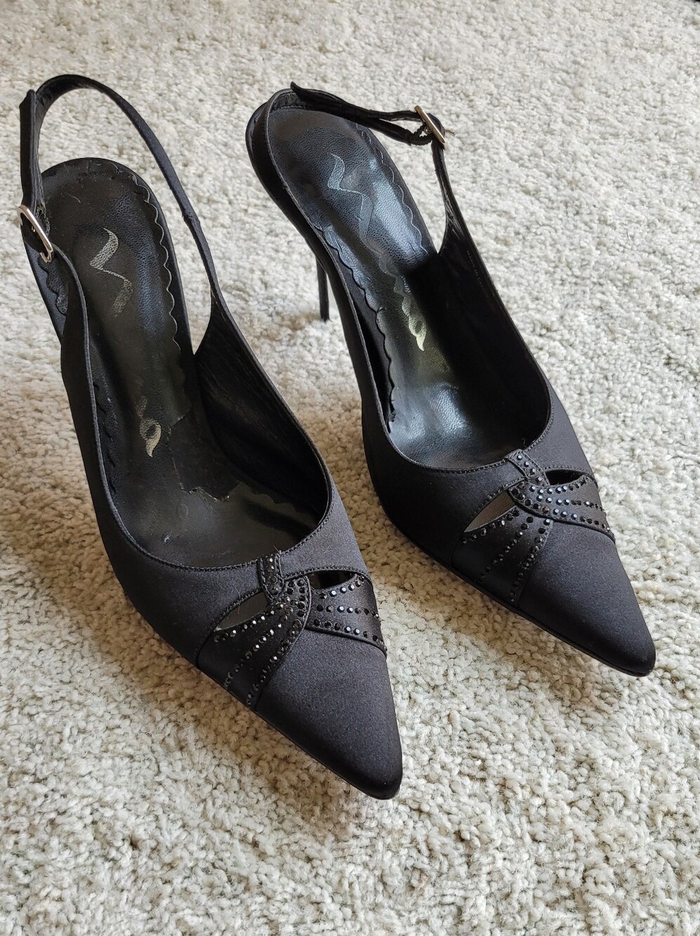 Cut-outs & Black Rhinestones On Satin Like Fabric Stunning Slingback 8 1/2
